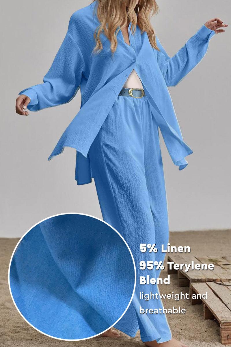Lightweight blue linen blend two-piece set with breathable fabric, featuring loose-fit top and pants ideal for travel and easy care.