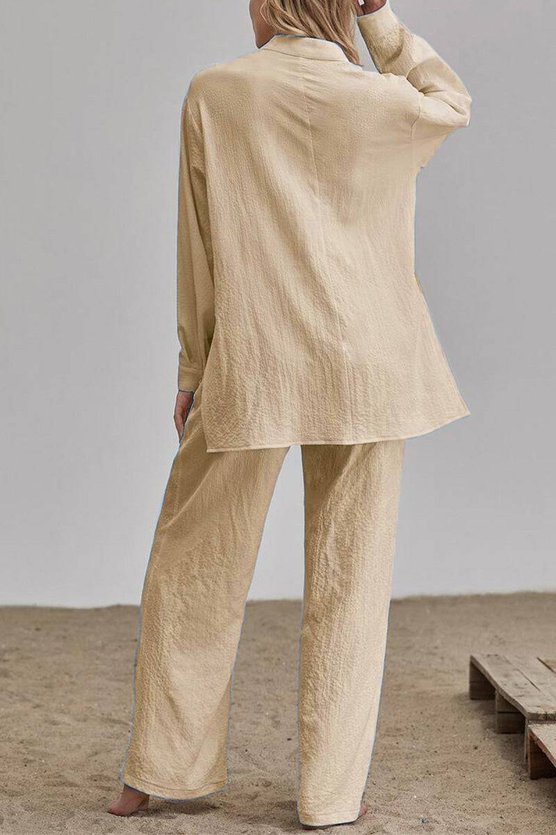 Beige linen blend two-piece set with long sleeves and wide-leg pants, lightweight and wrinkle-resistant outfit ideal for travel.