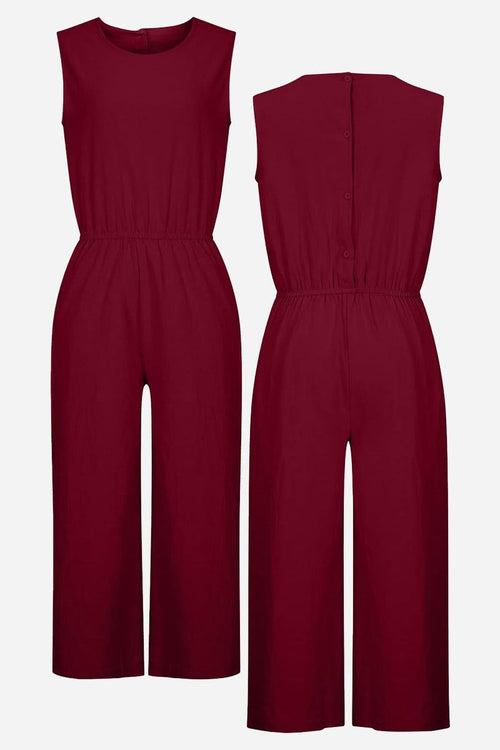 Pure Cotton minimal confidence two-piece set sleeveless burgundy jumpsuit front and back view