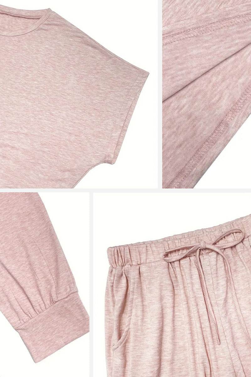 Ultra soft pink two-piece loungewear set with batwing sleeves and jogger pants featuring pockets and drawstring waistband