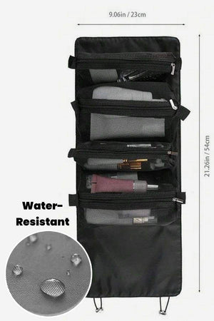 Compact black water-resistant travel makeup bag with multiple zippered compartments and measurements 9.06 x 21.26 inches