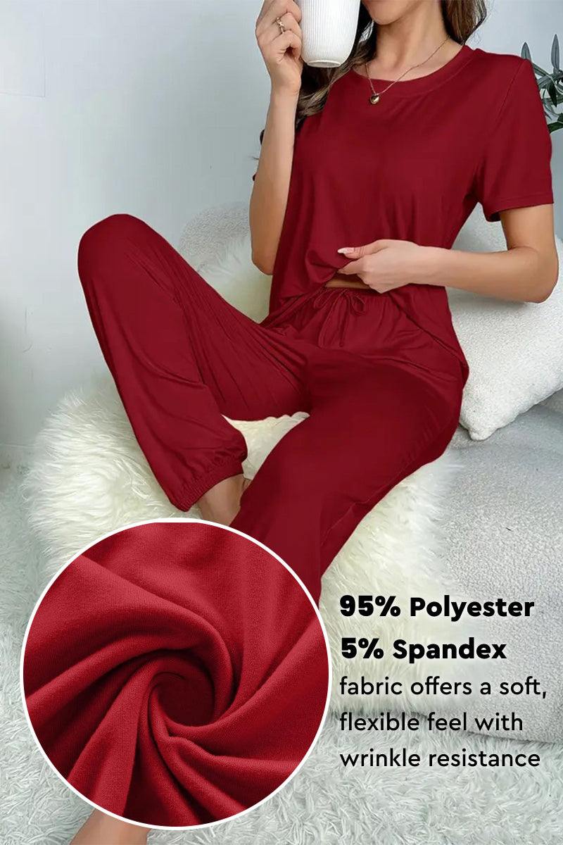 My Go To Loungewear two-piece set in red, soft polyester-spandex blend for flexible, wrinkle-resistant comfort.
