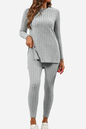 Gray Butter Touch Ribbed Two-Piece Set with long sleeve top and leggings, soft stretchy fabric for comfort and movement