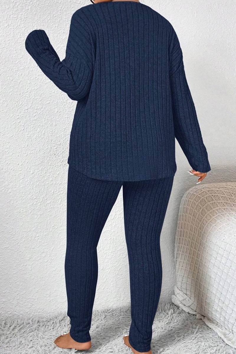 Body Confident Oversized Knit two-piece navy ribbed knit set with relaxed fit and cozy fabric