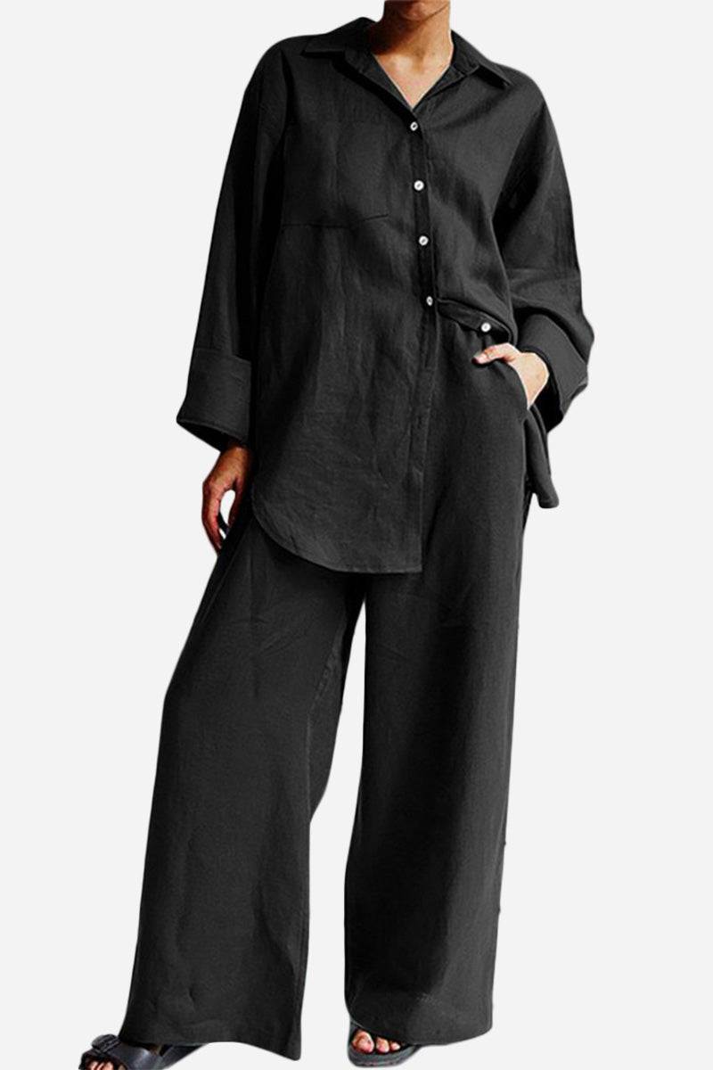 Vacation Essentials Cotton Set black relaxed-fit button-up shirt and wide-leg pants for comfortable travel wear