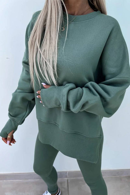 TimelessChic ultra comfortable two-piece set in soft green with relaxed top and high-waisted leggings for all-day comfort and style