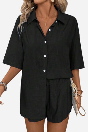 Coastal Linen Cotton black two-piece women's set with button-down shirt and shorts, breathable cotton-linen blend, relaxed fit summer outfit