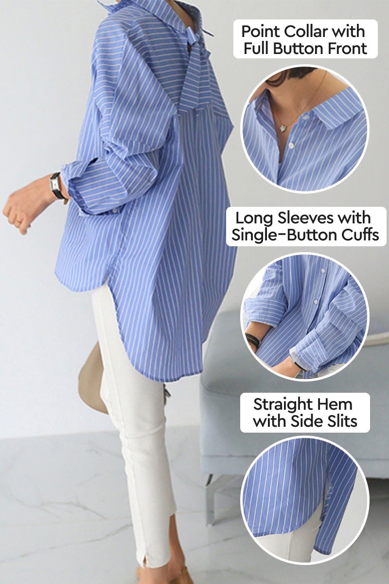 100 cotton oversized striped shirt with point collar, full button front, long sleeves, and straight hem with side slits in blue and white colors.