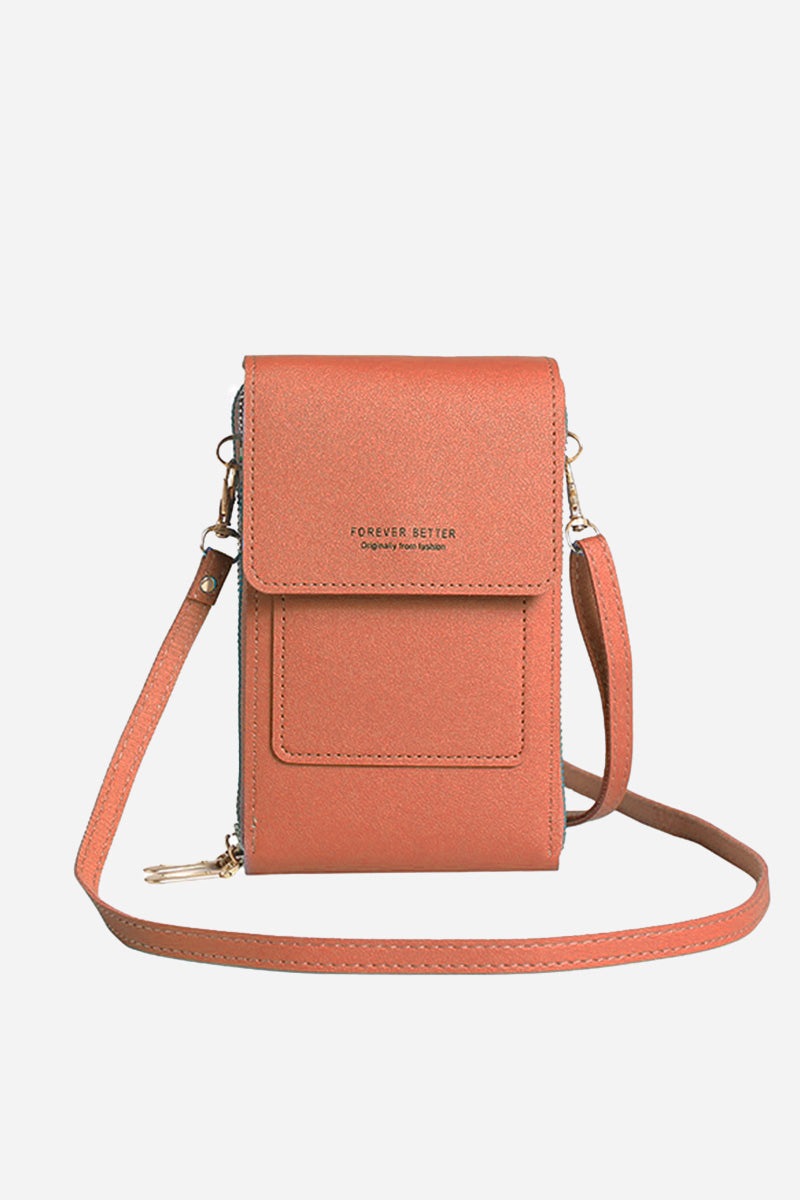Anti-Theft Travel Crossbody Phone Pouch in durable PU leather with adjustable strap and secure flap closure