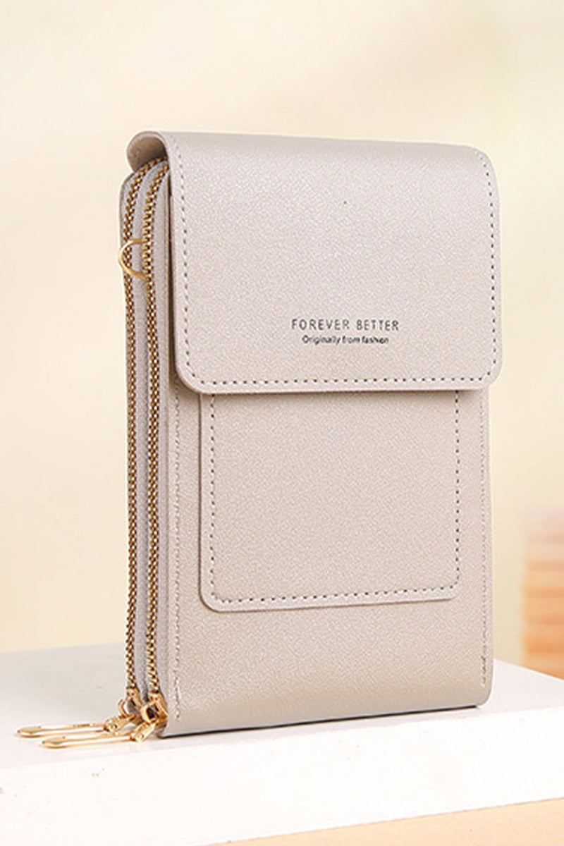 beige anti-theft travel crossbody phone pouch made of durable PU leather with zipper compartments and adjustable strap