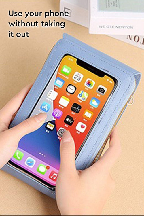 Anti-theft travel crossbody phone pouch with clear touchscreen window in blue PU leather