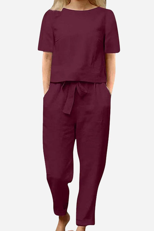 Women's cotton-linen blend monochrome two-piece set in rich burgundy color with relaxed fit and breathable fabric