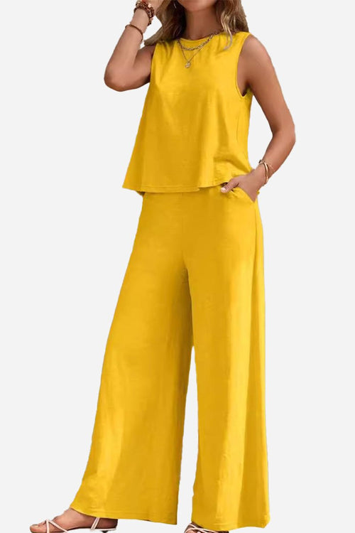 Yellow sleeveless wide leg pants set with comfortable, wrinkle-resistant polyester blend fabric