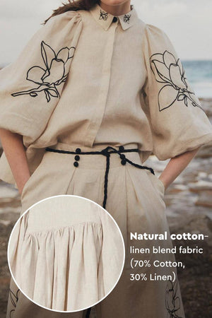 Dolce Vita Cotton Linen floral set with balloon sleeves and wide-leg pants in breathable cotton-linen blend fabric