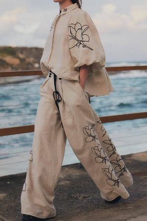 Dolce Vita Cotton Linen floral embroidered wide-leg pants and balloon sleeve top set in natural breathable fabric by the sea
