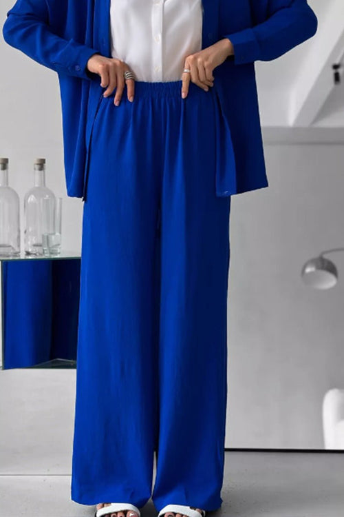 Relaxed fit wide-leg two-piece set in vibrant blue ideal for travel and casual or dressy occasions