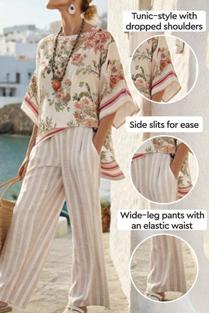 Woman wearing Coastal Comfort Linen two-piece set with floral tunic and striped wide-leg pants by seaside