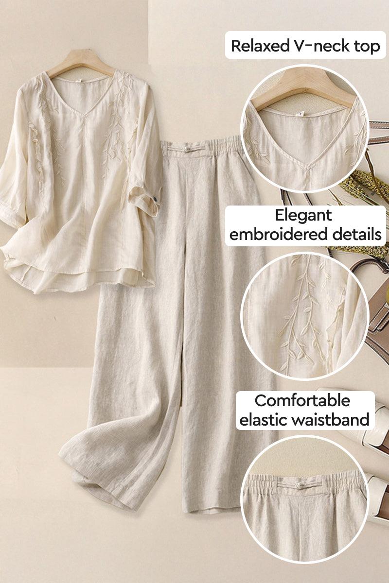 Cotton linen blend golden hour set with embroidered V-neck top and wide-leg pants with elastic waistband