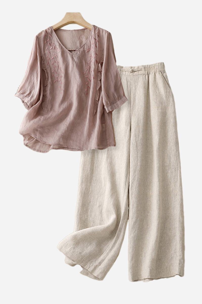 Women's 100% cotton linen blend golden hour set with embroidered blush top and high-waisted wide-leg beige trousers