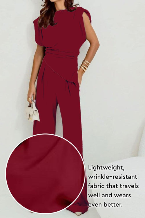 Manhattan Lines Draped two-piece set in burgundy with asymmetrical sleeveless top and wide-leg pants, wrinkle-resistant fabric