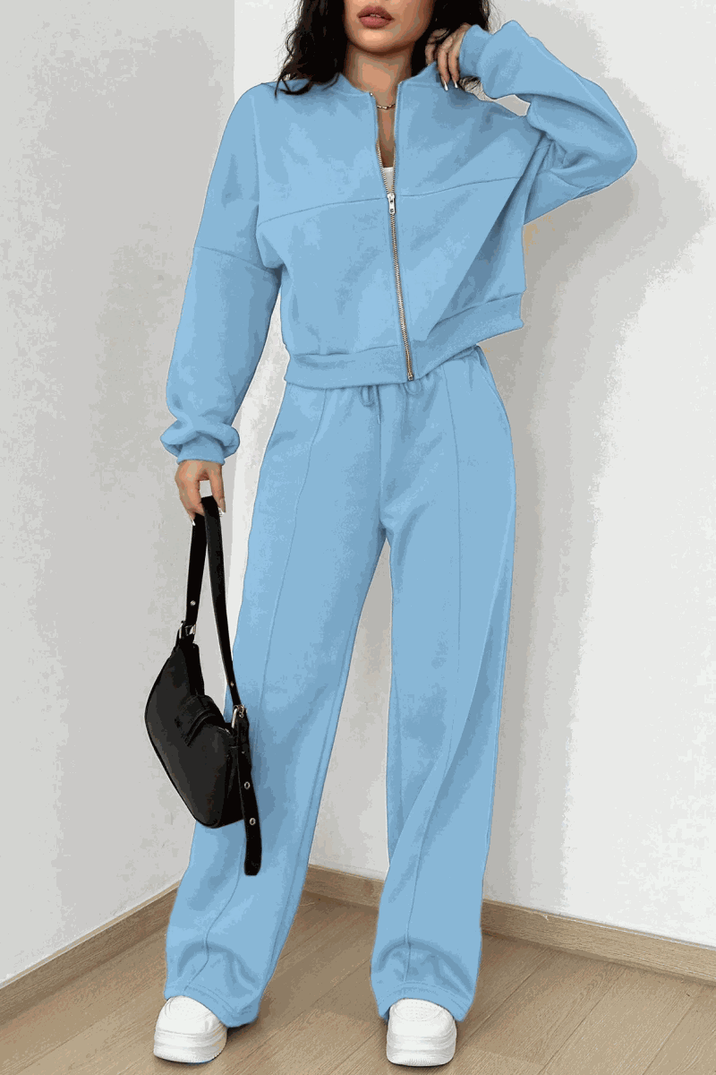 The Voyager Zip Set light blue zip-front sweatshirt and wide-leg joggers travel loungewear with pockets