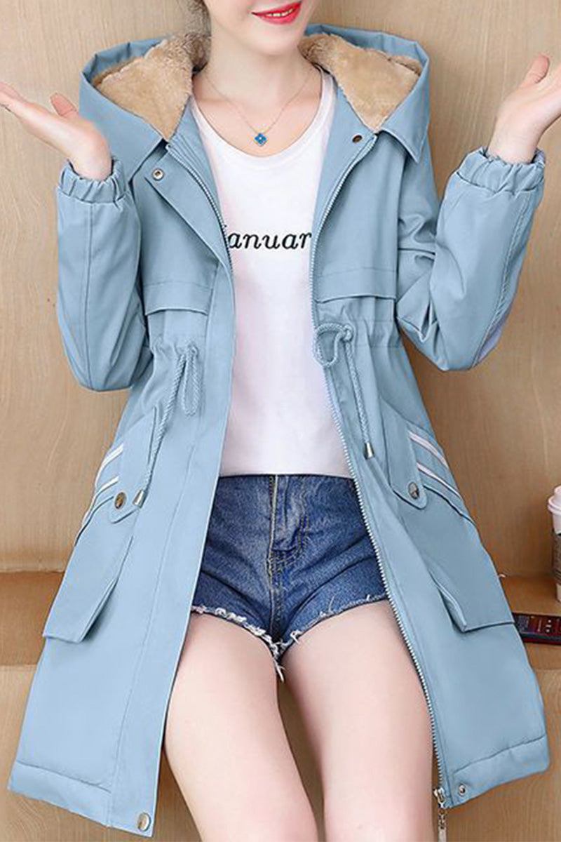 Light blue Cityscape Comfort Hooded Windbreaker jacket with plush fleece lining and mid-length silhouette for women
