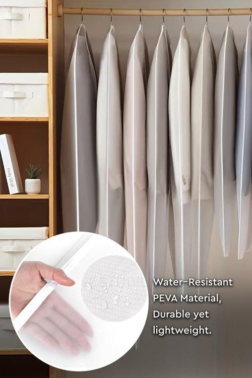 Waterproof dustproof clothing cover made of durable PEVA material protecting garments from moisture, dust, and insects in closets or during travel.