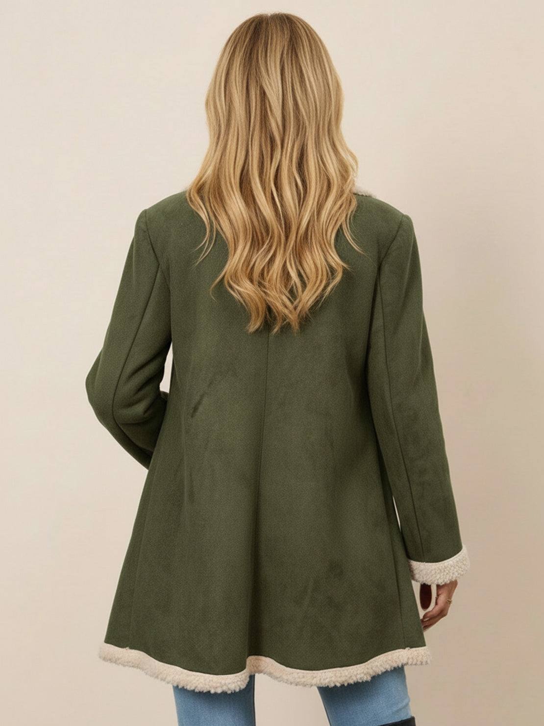 mid-thigh faux suede sherpa coat with contrast trim and side pockets for lightweight warmth