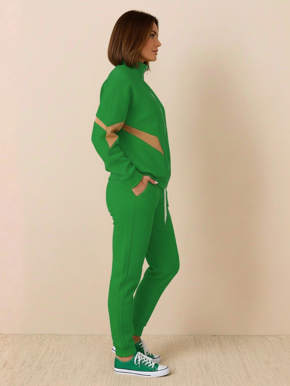 Woman wearing Colorblock Comfort Tracksuit with contrast curved panels and stand collar jacket