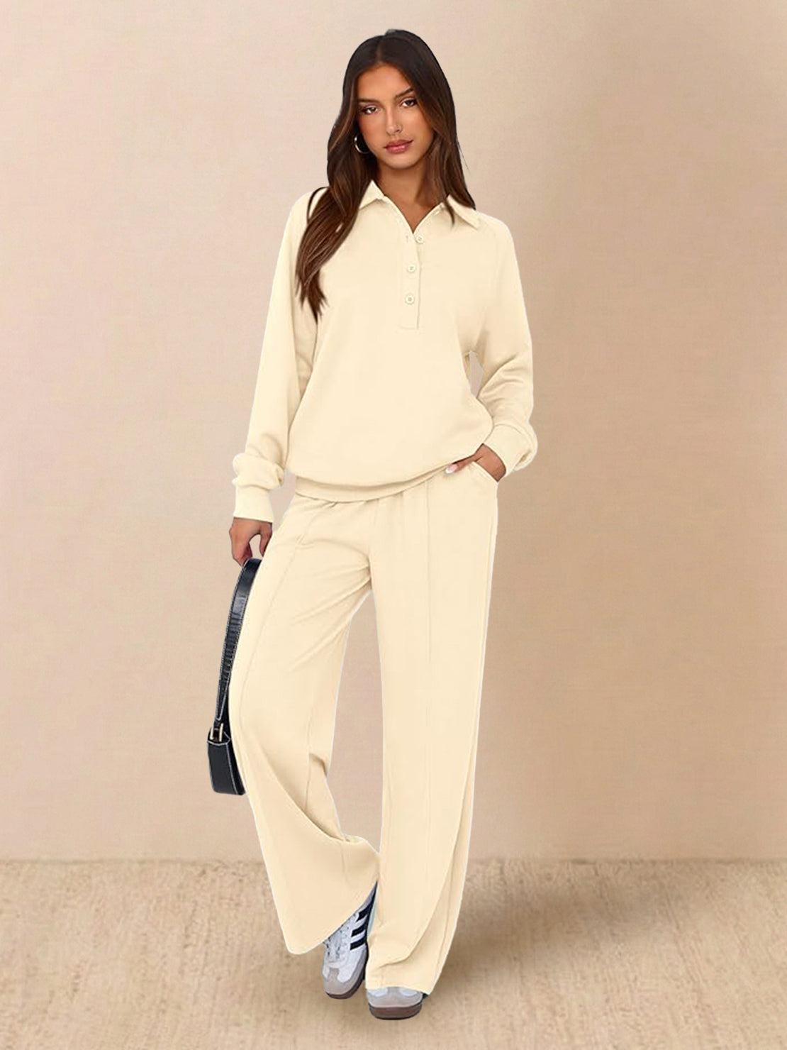 Wrinkle-free casual two-piece polo set with quarter-button top and high-waisted pants in breathable, structured fabric