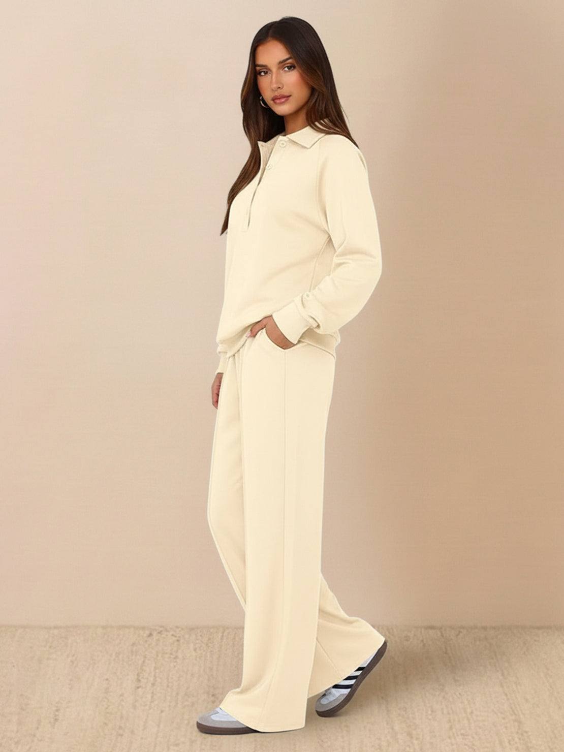 Wrinkle-free polo set two-piece outfit with structured breathable fabric and high-waisted pants