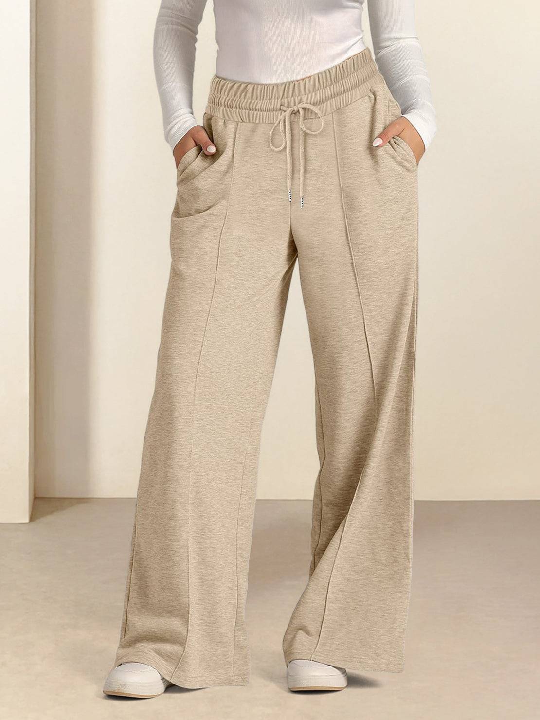 Soft knit wide-leg pants with elastic drawstring waist and breathable fabric