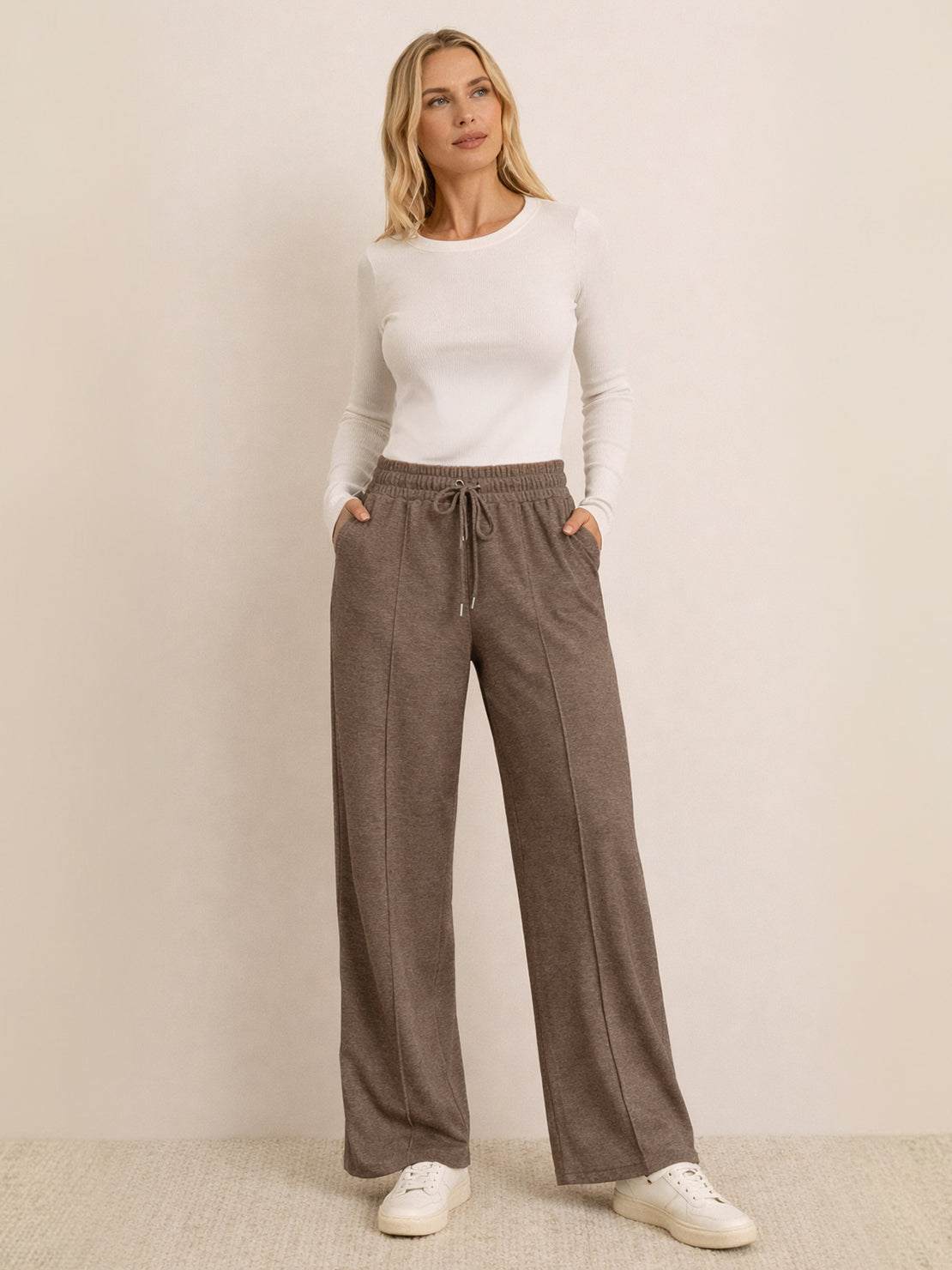 Soft knit wide-leg pants with breathable fabric and adjustable waistband