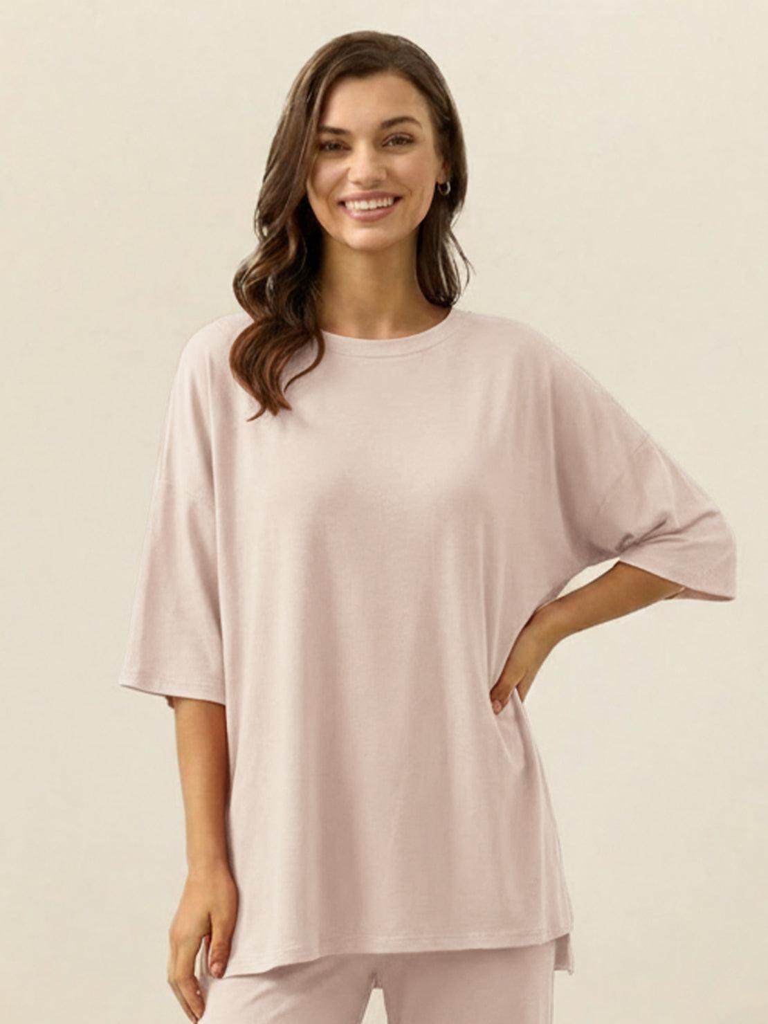 oversized long-line loungewear set with pullover and wide-leg pants in soft knit fabric