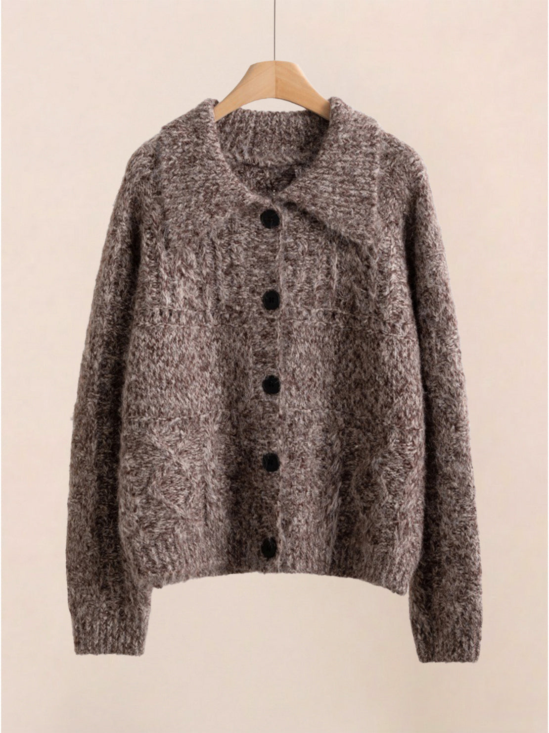 Wool-blend button-front cardigan with wide collar and five-button closure, lightweight and anti-pilling knit design