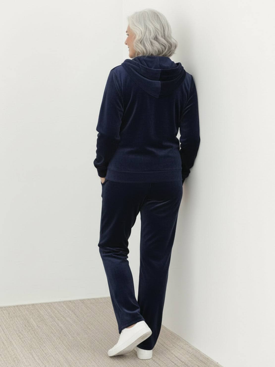 Plus size velour zip-up tracksuit with hoodie and straight-leg pants