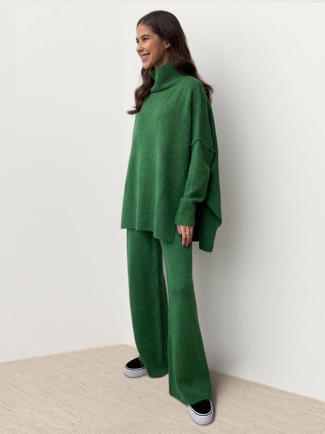 Soft-knit turtleneck top and wide-leg pants two-piece set in cozy acrylic knit with relaxed fit and ribbed cuffs