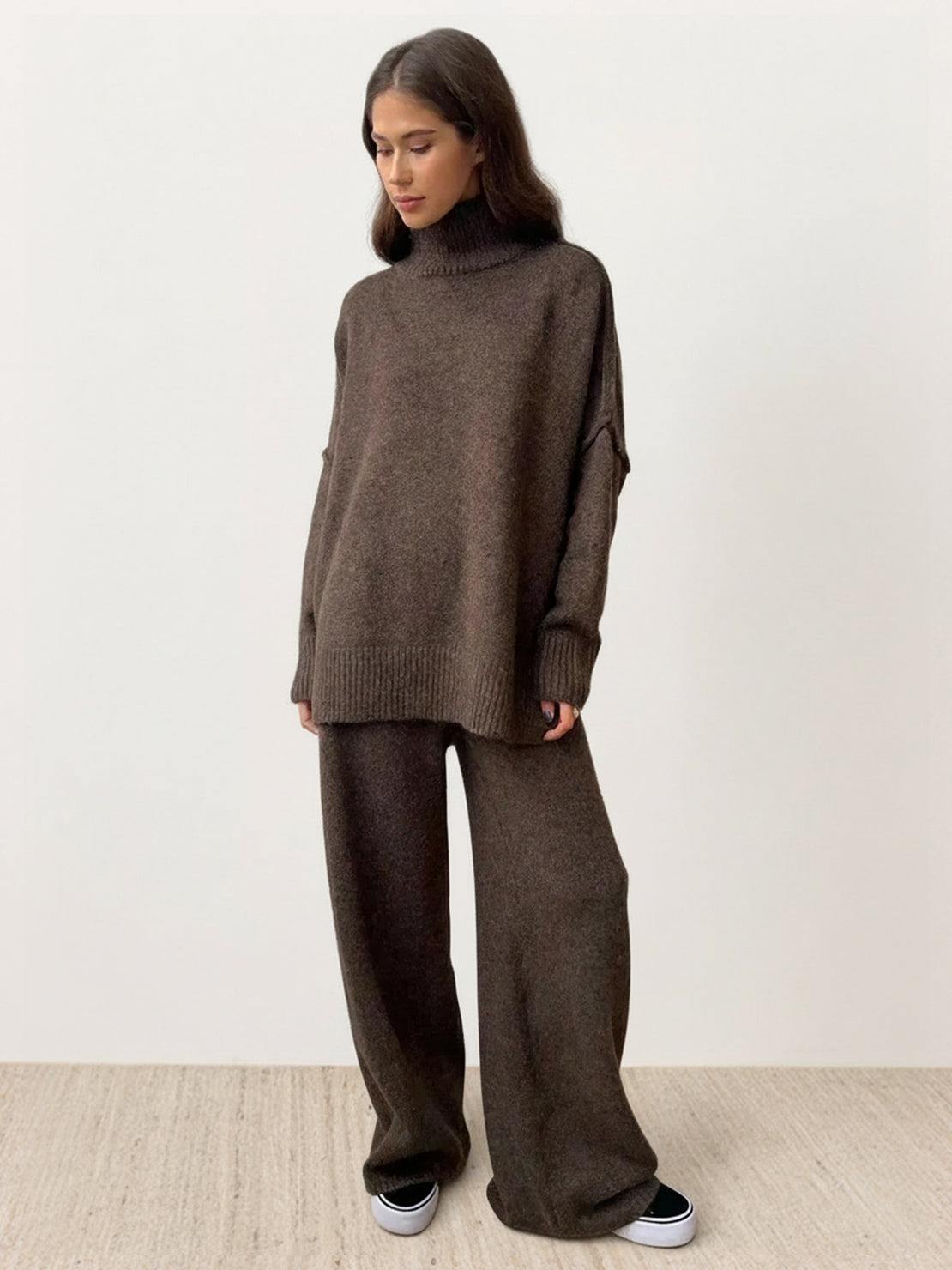 Soft-knit turtleneck two-piece set with relaxed fit and wide-leg pants