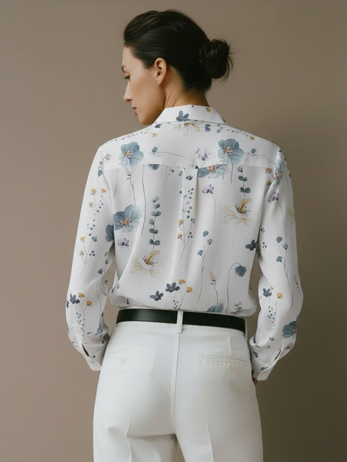 floral button-down shirt with long roll-up sleeves and relaxed hip-length fit