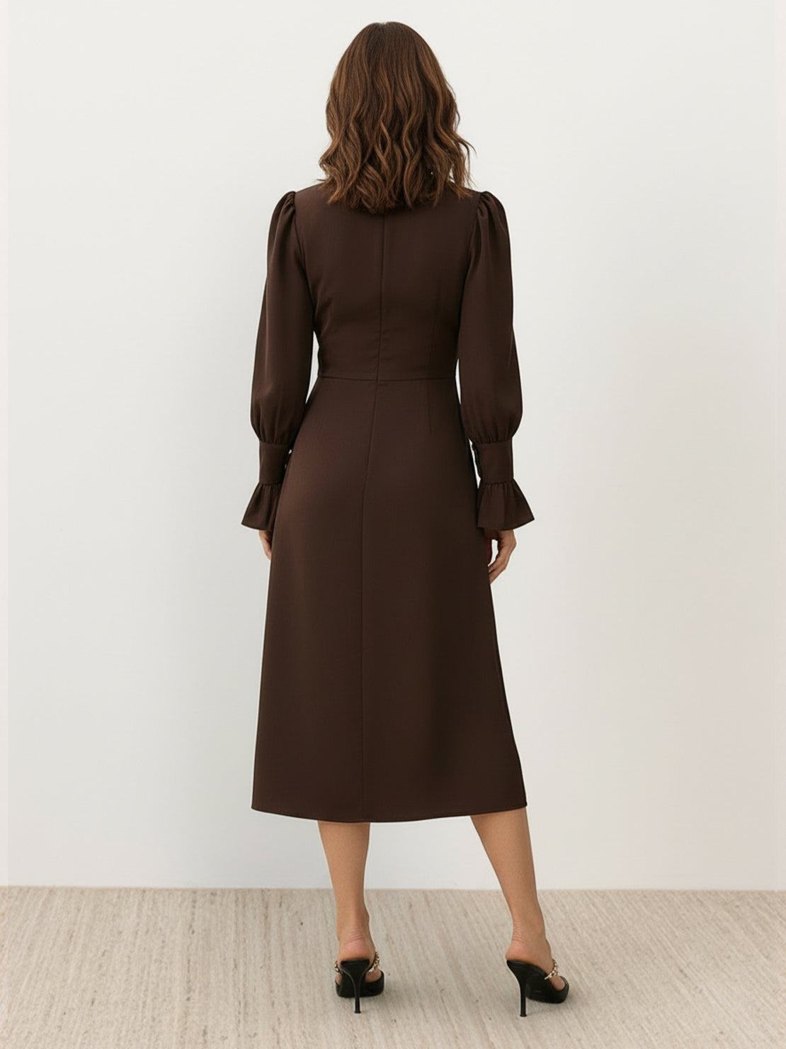 Slimming V-neck midi dress with button-front, ruffle cuffs, and A-line skirt in wrinkle-resistant fabric
