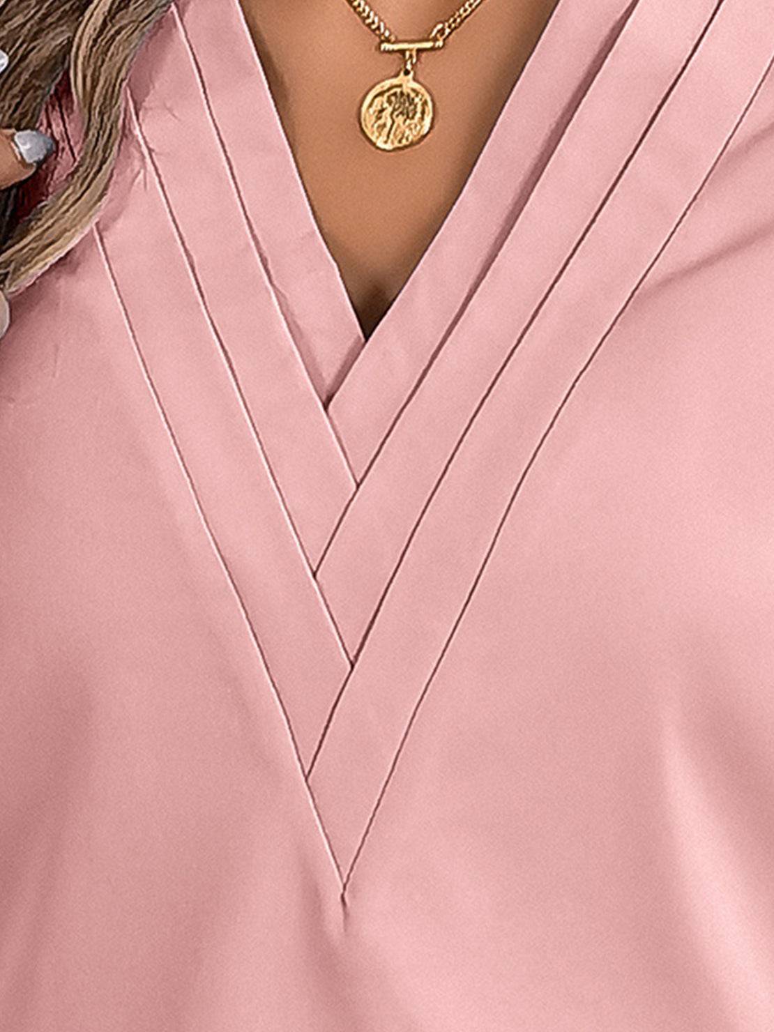 White pleated V-neck long-sleeve blouse with diagonal pleated panel and button cuffs