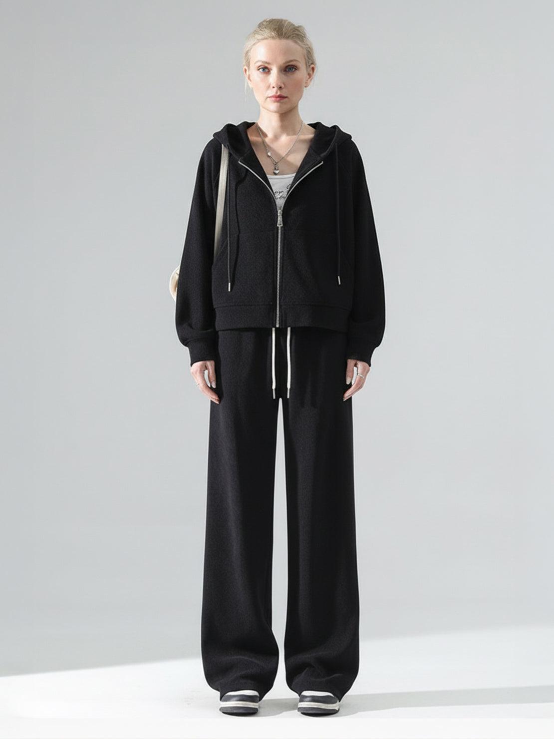 Chenille zip-up hoodie and wide-leg pants loungewear set in soft fabric with drawstring waist and side pockets