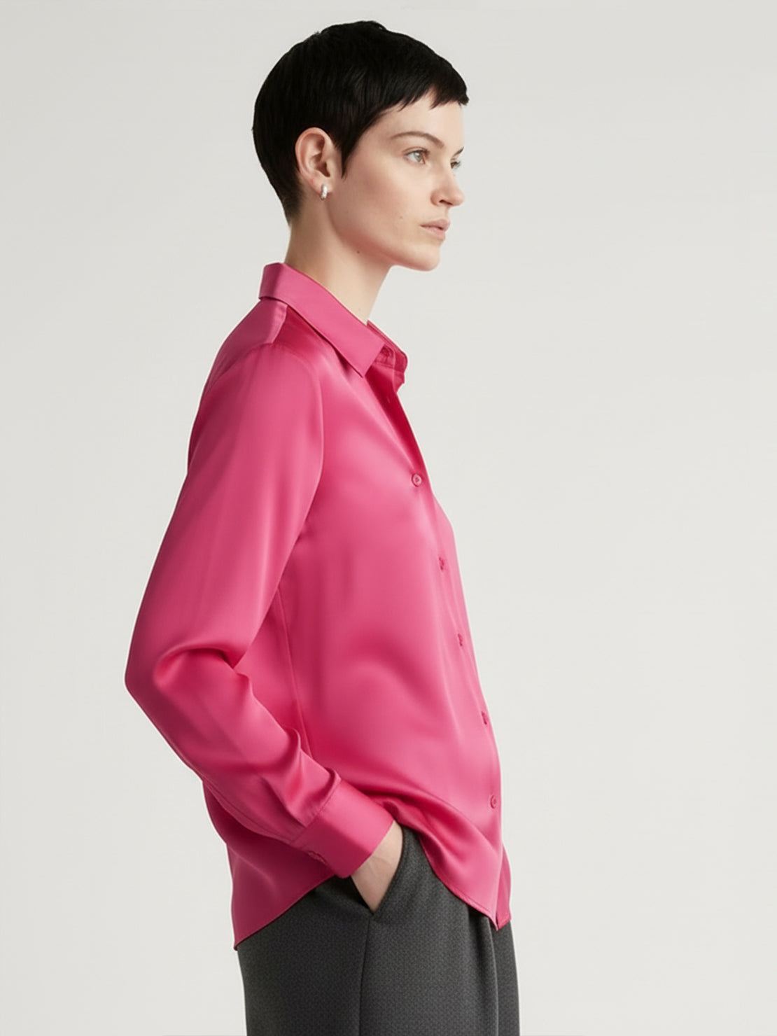 silk-finish button front shirt with smooth fabric and relaxed fit on white background