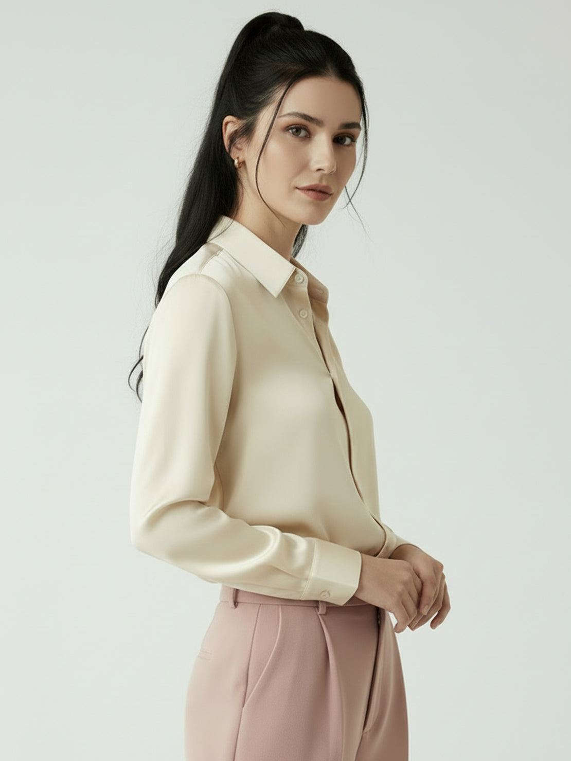 silk-finish button front shirt with relaxed fit and traditional collar