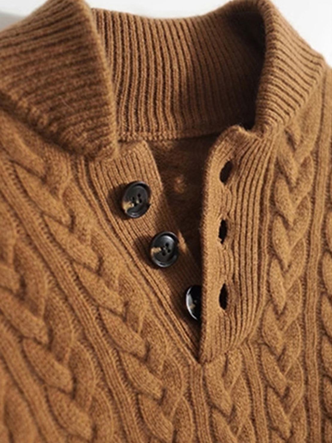 slim fit 100% wool cable-knit sweater with stand collar and button placket