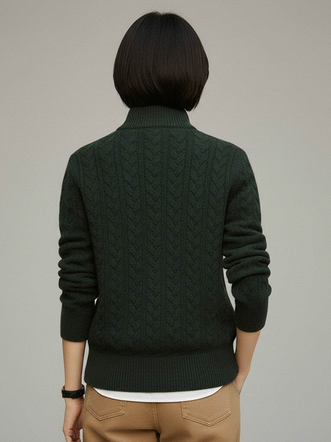 Slim-fit 100% wool cable-knit sweater with stand collar and button placket