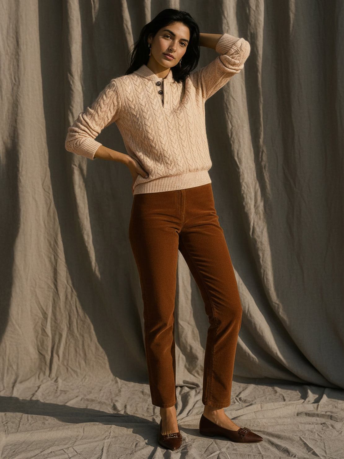 Slim fit 100% wool cable-knit sweater with stand collar and button placket