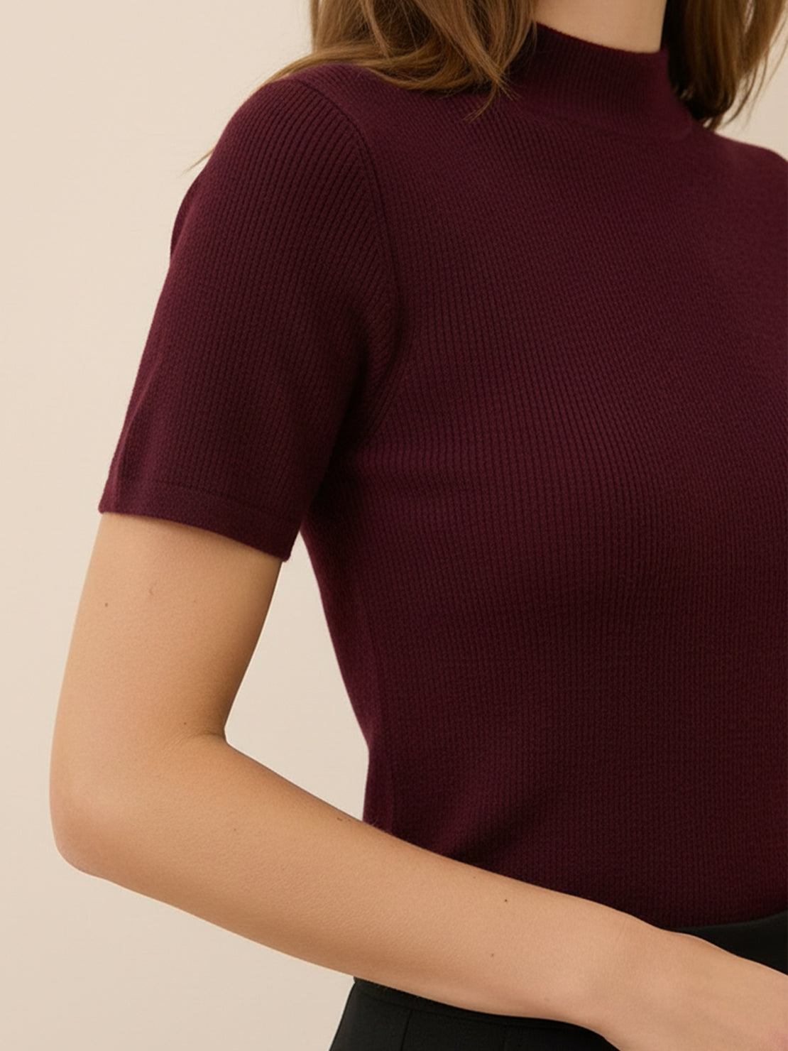 Slim fit 100% Merino Wool short-sleeve mock neck tee in neutral color