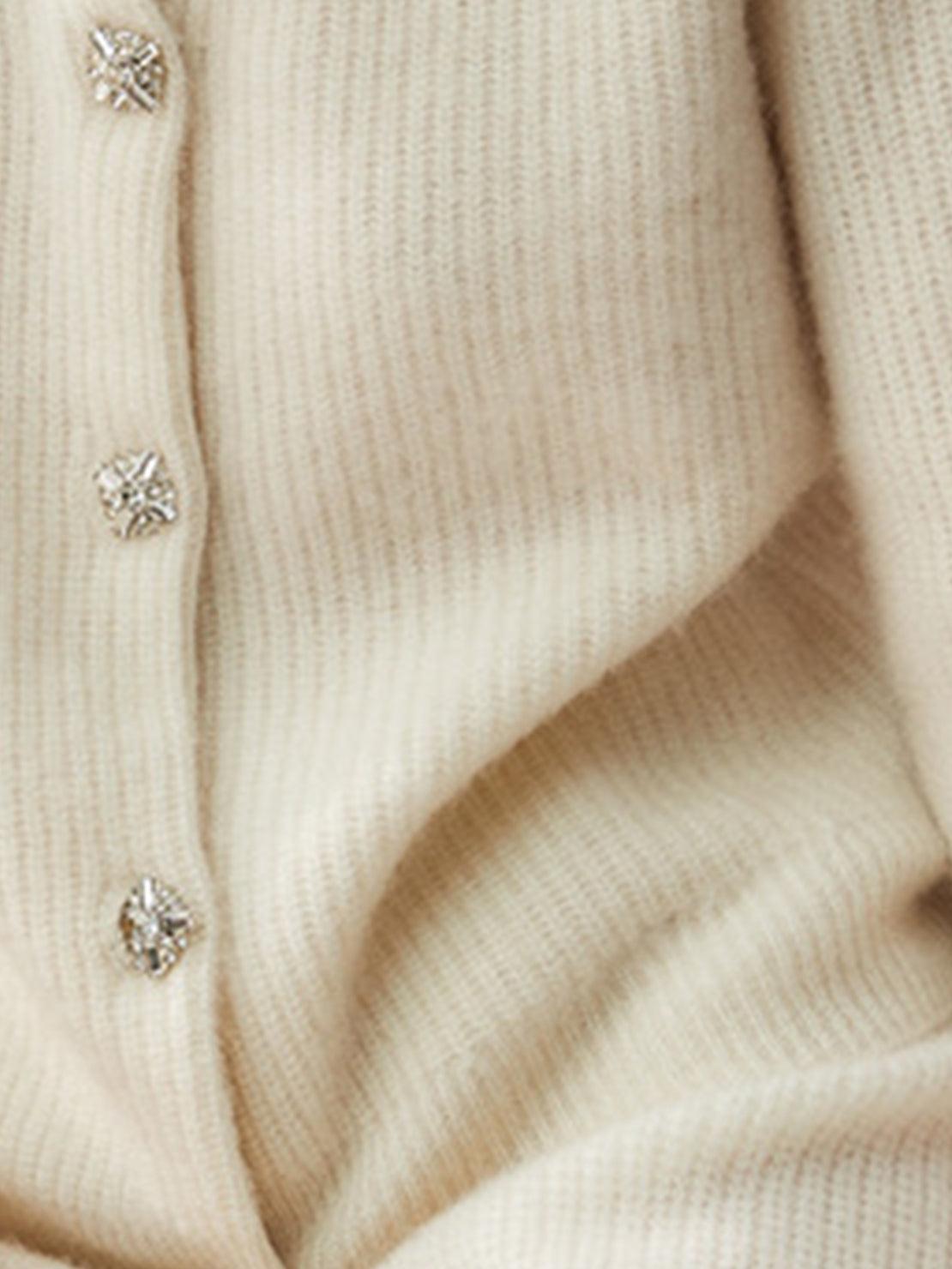 Elegant 100% Alashan cashmere diamond-collar cardigan with crystal buttons and fine-gauge ribbed knit