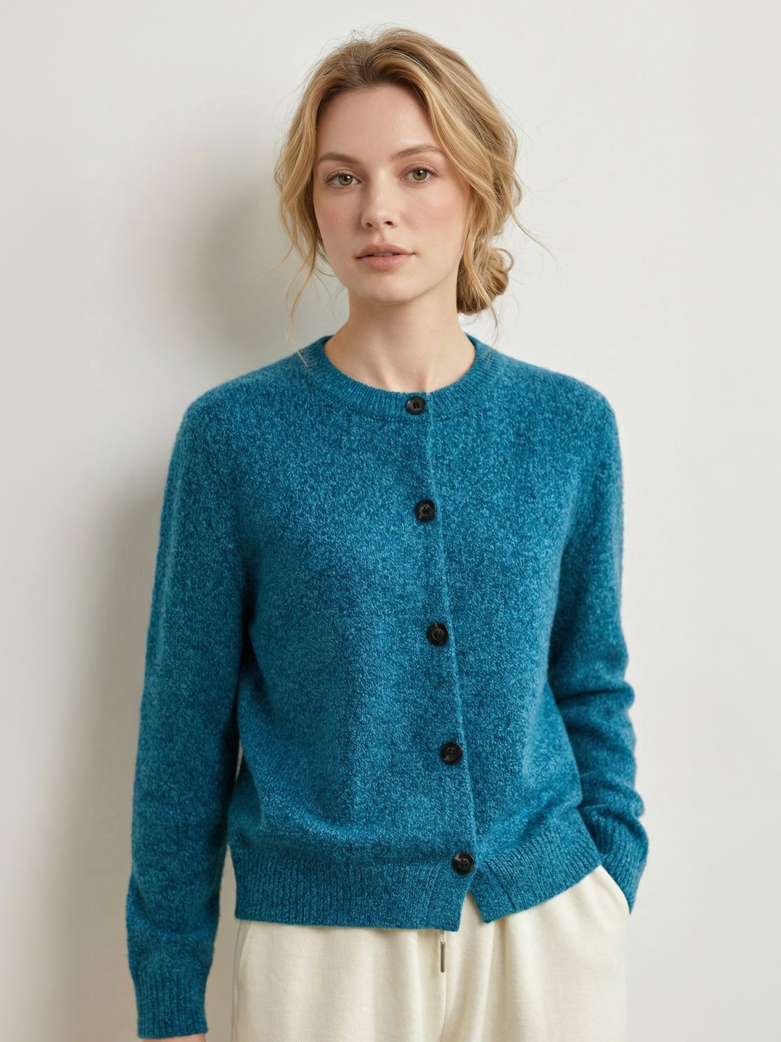 Marled knit merino wool cardigan with button front and ribbed cuffs